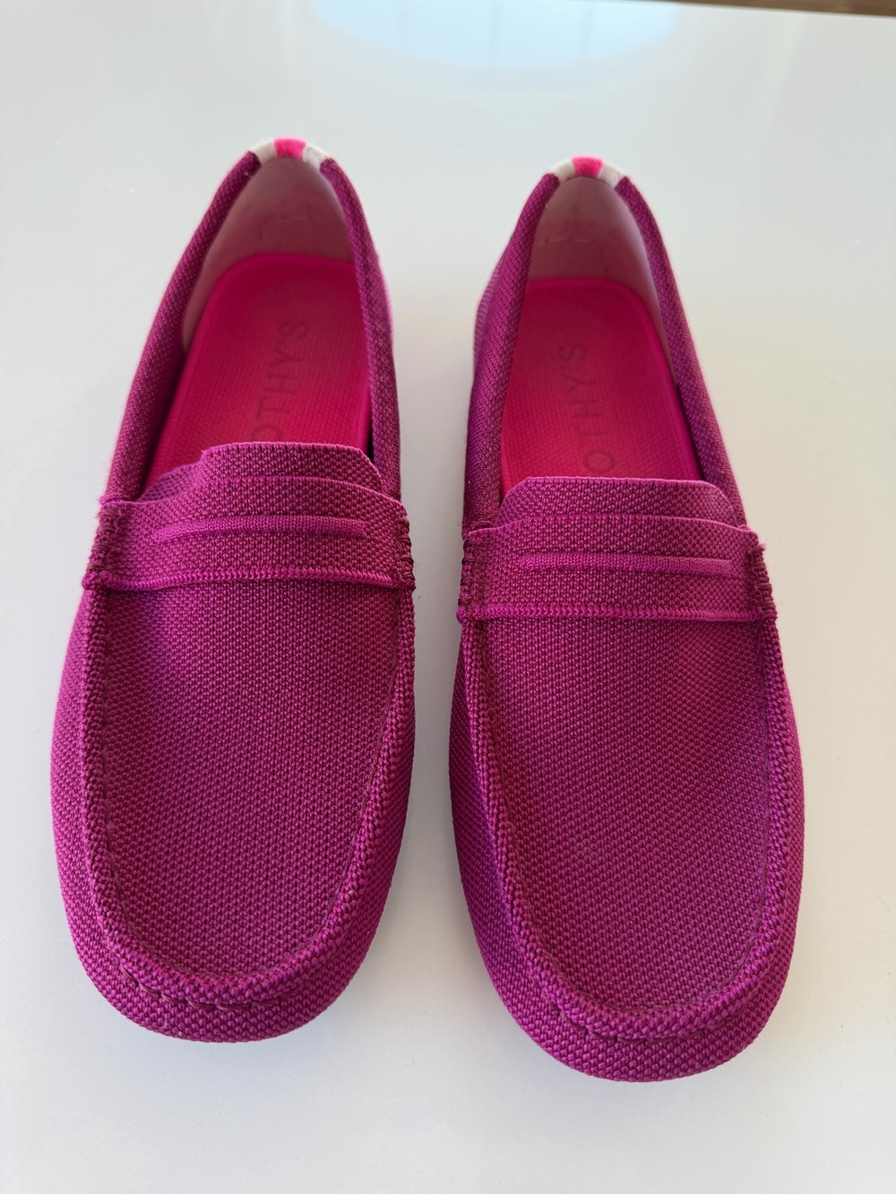 Almost new Rothy's Magenta Knit Slip-On Flats with Pink & Cream Heel Stripe